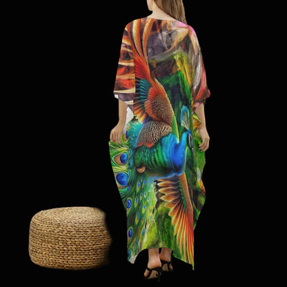 “Peacock Flight” Women's Imitation Silk V-neck Kaftan Robe
