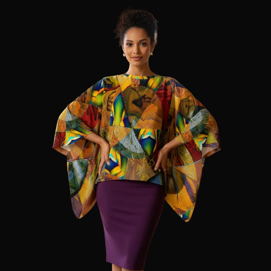 “Earthen Tessellation” Boho Patchwork Kimono Sleeve Top