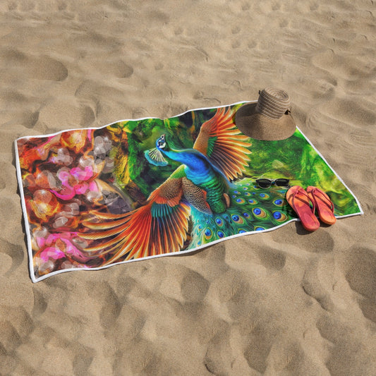 “Peacock Flight” Rectangular Beach Towel