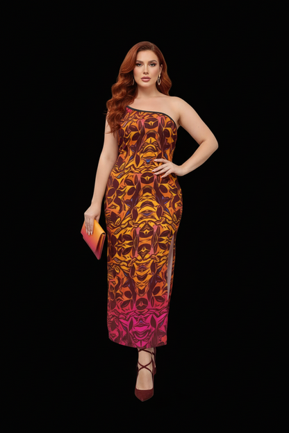 “Tribal Sunset” Women's Oblique-Shoulder Exposure Dress With Side Split (Plus Size)