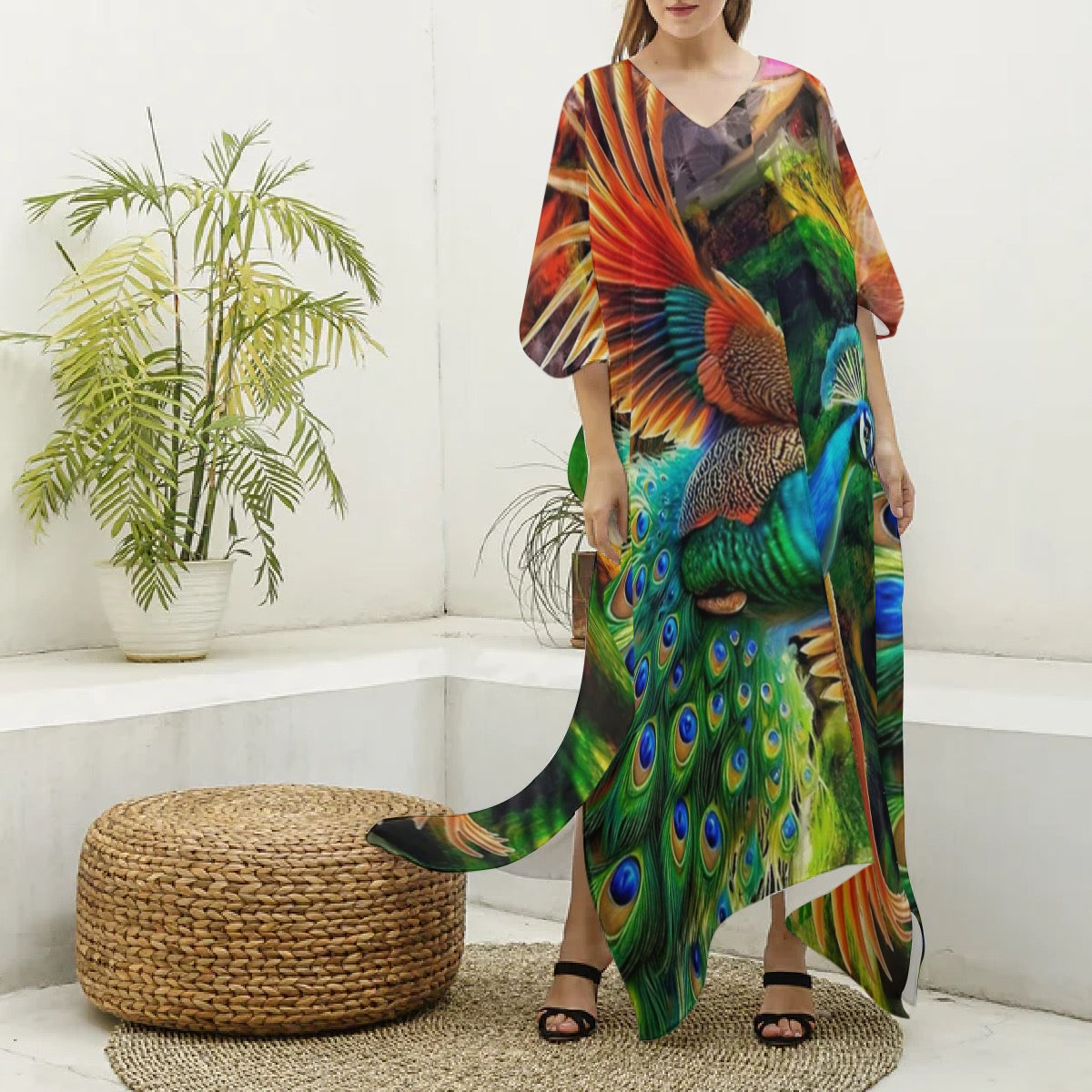 “Peacock Flight” Women's Imitation Silk V-neck Kaftan Robe