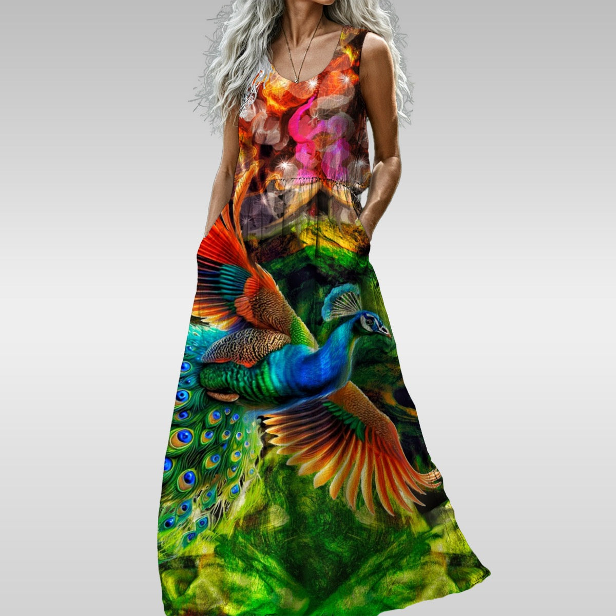 “Peacock Flight” Women’s Sleeveless Maxi Dress
