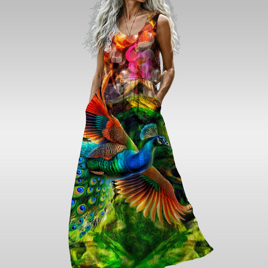 “Peacock Flight” Women’s Sleeveless Maxi Dress