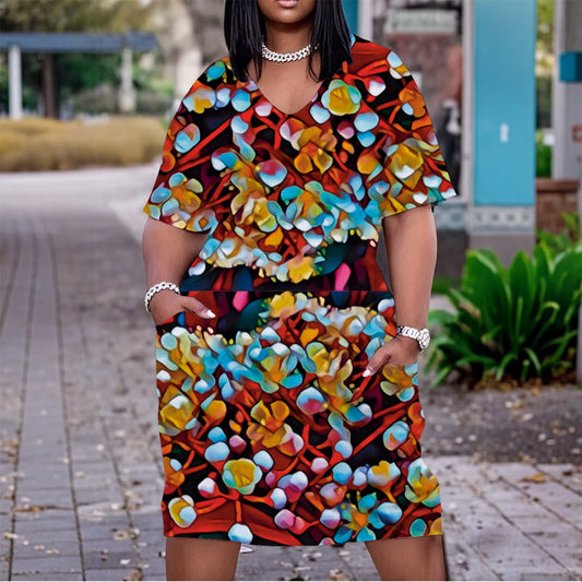 “Photinia” Print Women'S V Neck Short Sleeve Dress|Plus Size