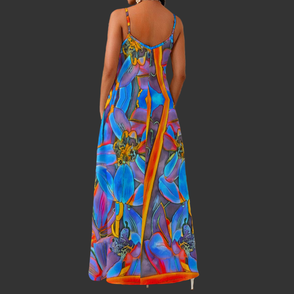 “Electric Bloom” Print Women's Elegant V-Neck Maxi Dress