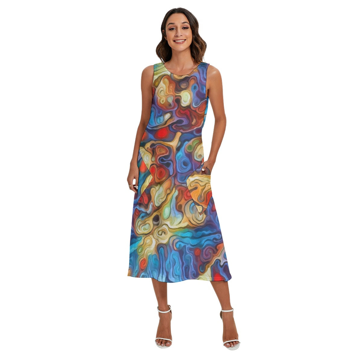 “Tangled Tides" Women's Sleeveless Dress With Diagonal Pocket