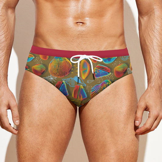 “Peregian Shells” (Mustard) Men'S Drawstring Swim Briefs