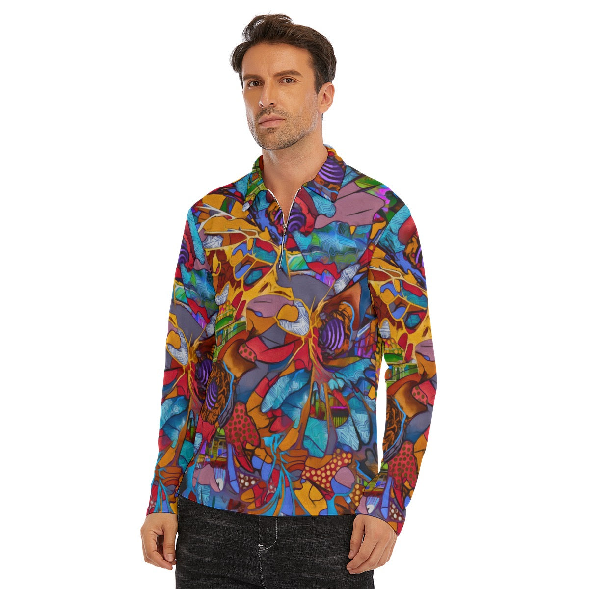 “Fractured Dreamscape”  Men's Lapel T-shirt With Neckline Zipper Closure