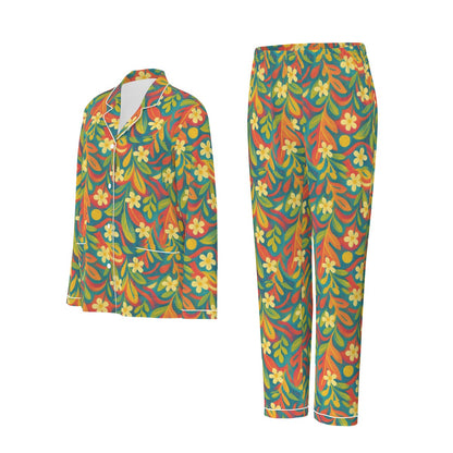 “Sunny Daydream” Women's Long Sleeve Pajama Set With White Contrast Piping