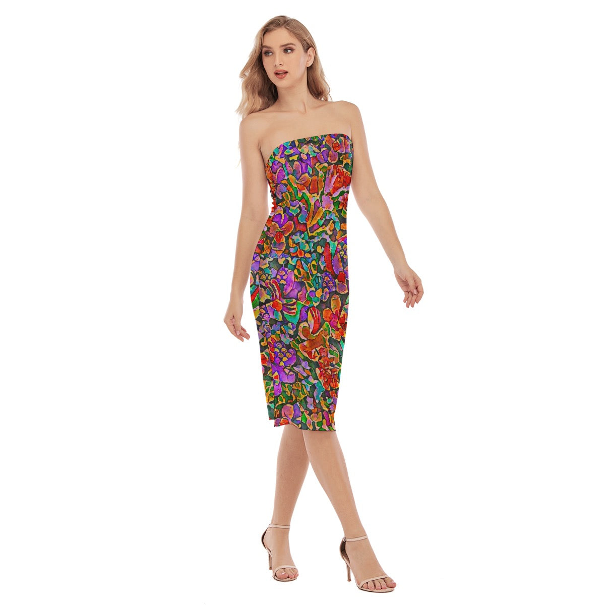 “Vivid Flora” Women's Side Split Tube Top Dress