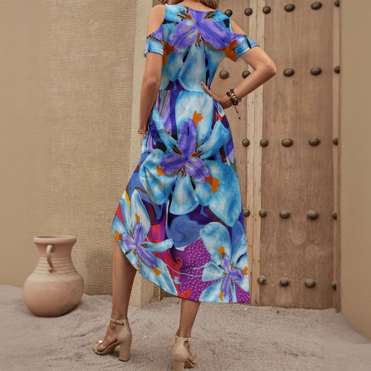 “The Blue Dietes” V-neck Off-shoulder Dress