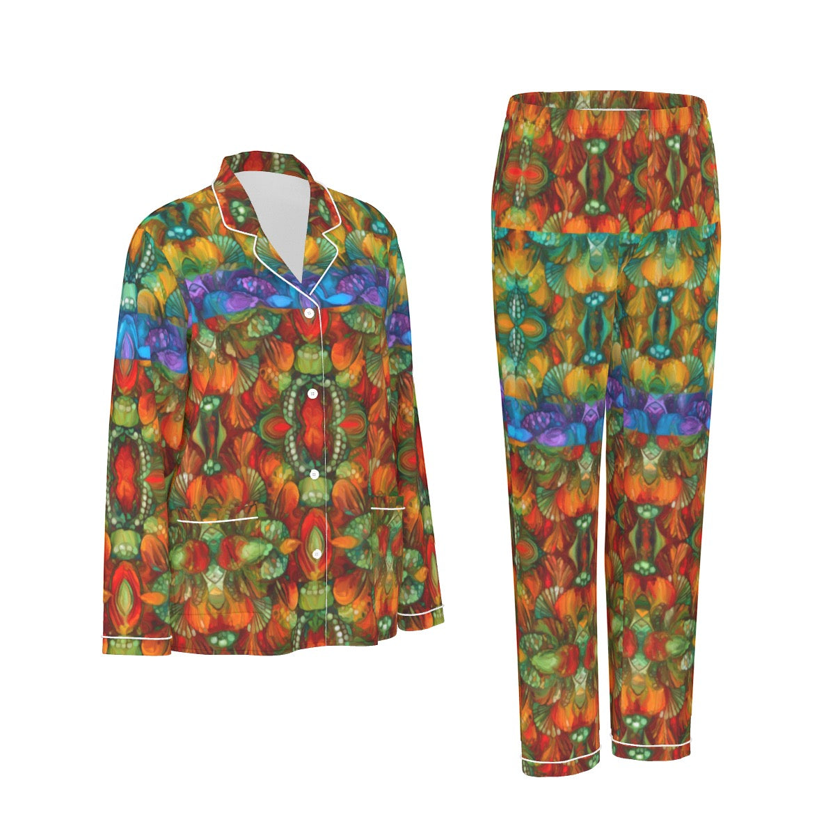 “Botanic Nebula” Women's Long Sleeve Pajama Set With White Contrast Piping