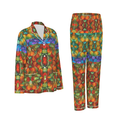 “Botanic Nebula” Women's Long Sleeve Pajama Set With White Contrast Piping