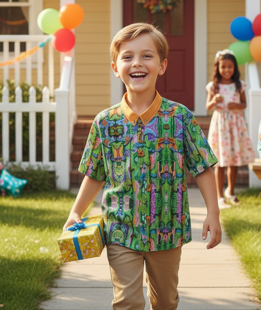 “Labyrinth” Green -Children's Shirt With Pocket | 125GSM Cotton