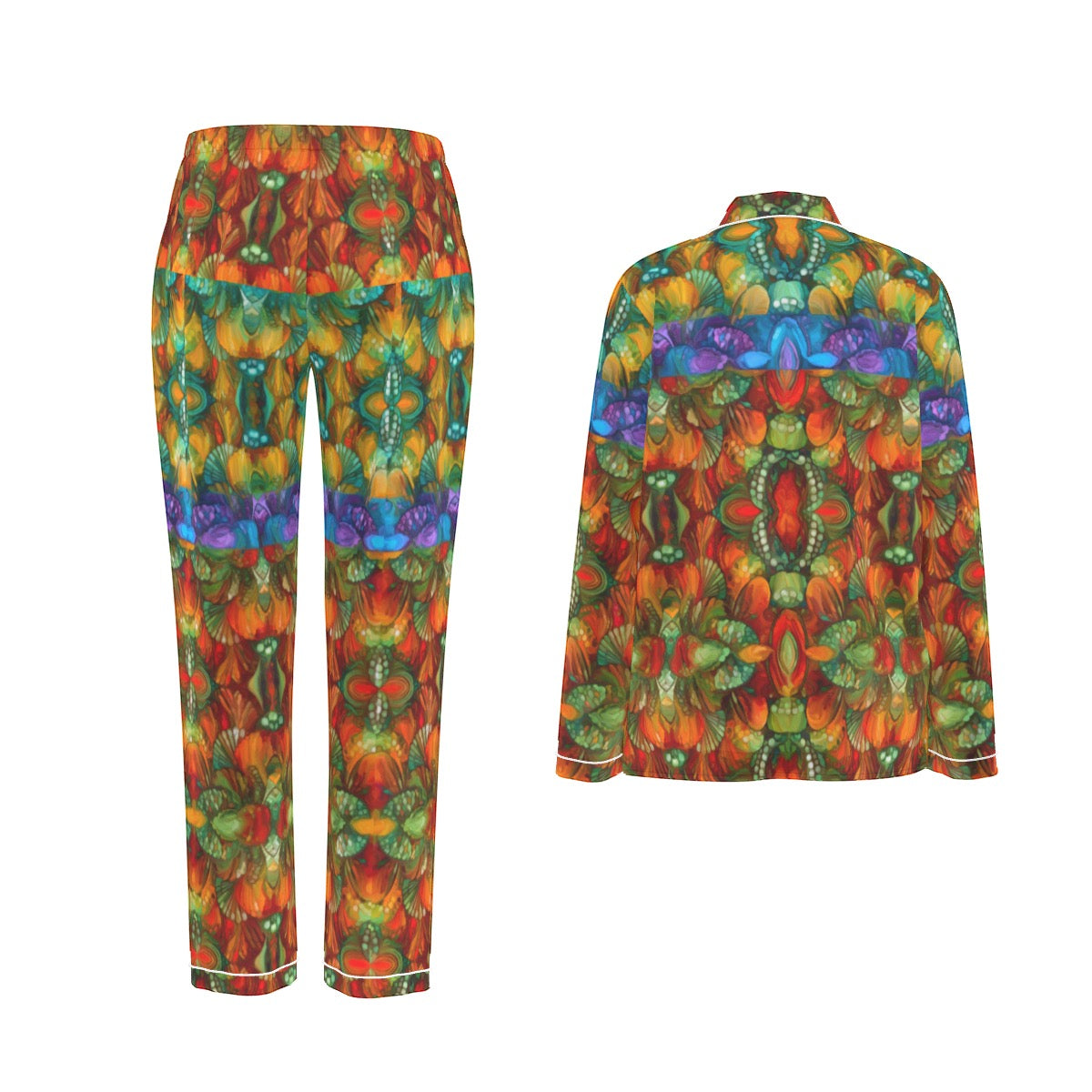 “Botanic Nebula” Women's Long Sleeve Pajama Set With White Contrast Piping
