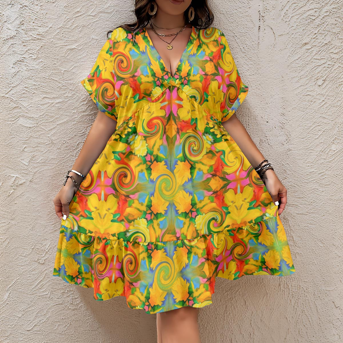 “Citrus Twist” Women’s Floral V-Neck Short Sleeve Dress