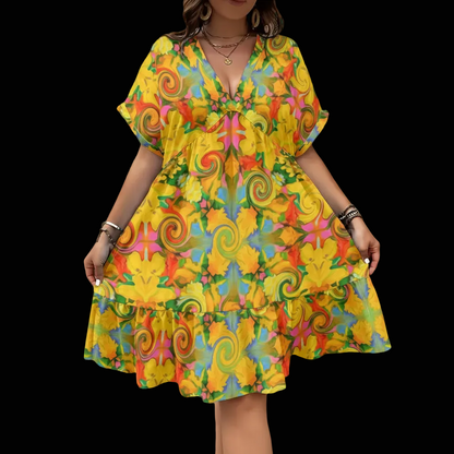“Citrus Twist” Women’s Floral V-Neck Short Sleeve Dress