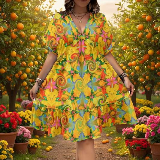 “Citrus Twist” Women’s Floral V-Neck Short Sleeve Dress