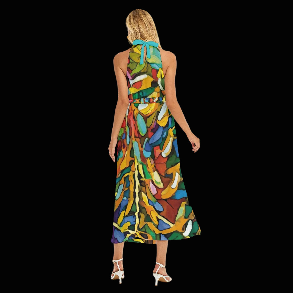 “Rainbow Wisteria”  Women's Wrap Hem Belted Halter Dress