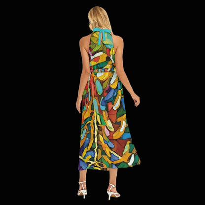 “Rainbow Wisteria”  Women's Wrap Hem Belted Halter Dress
