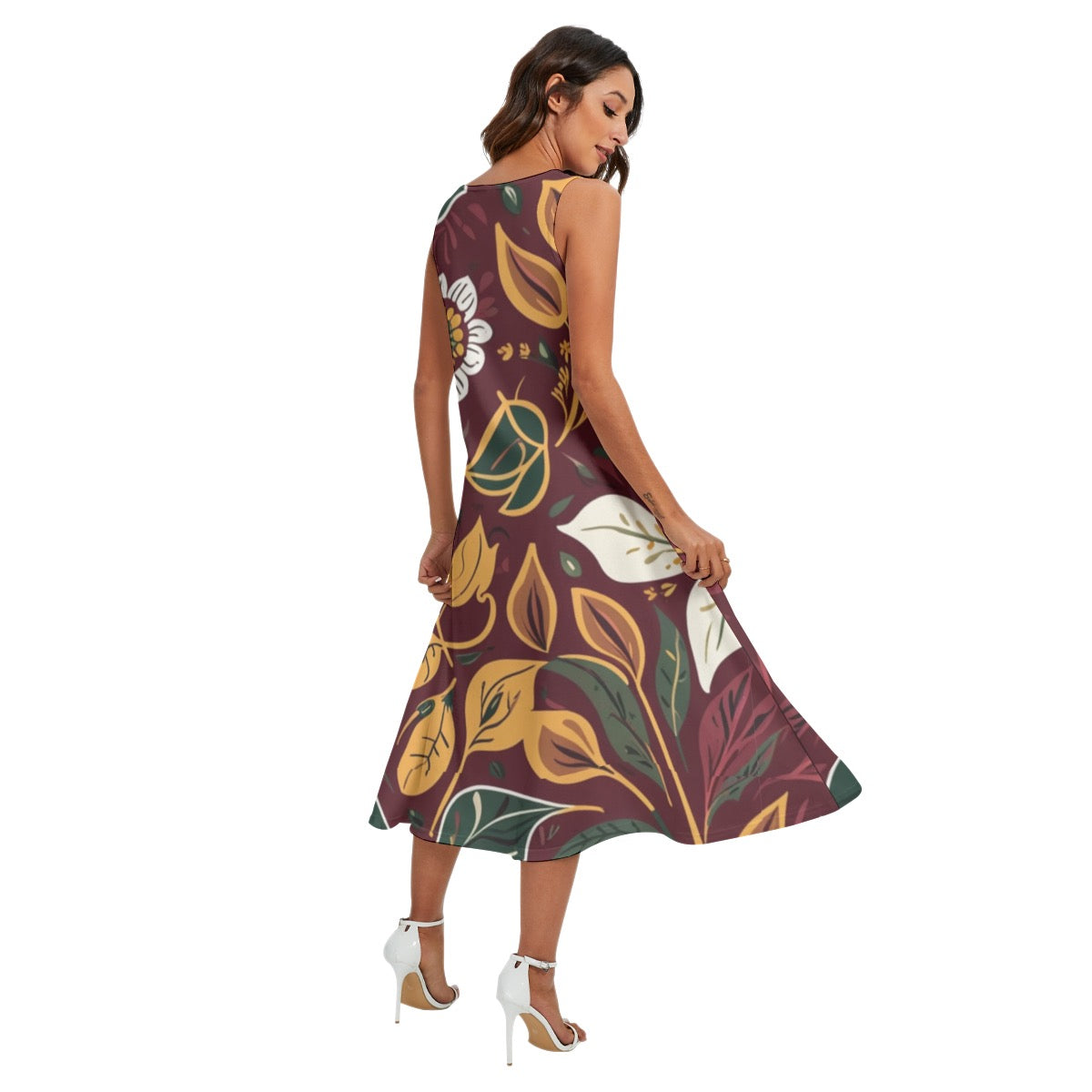 “Burgundy Botanical”  Women's Sleeveless Dress With Diagonal Pocket