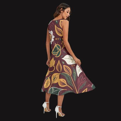 “Burgundy Botanical”  Women's Sleeveless Dress With Diagonal Pocket