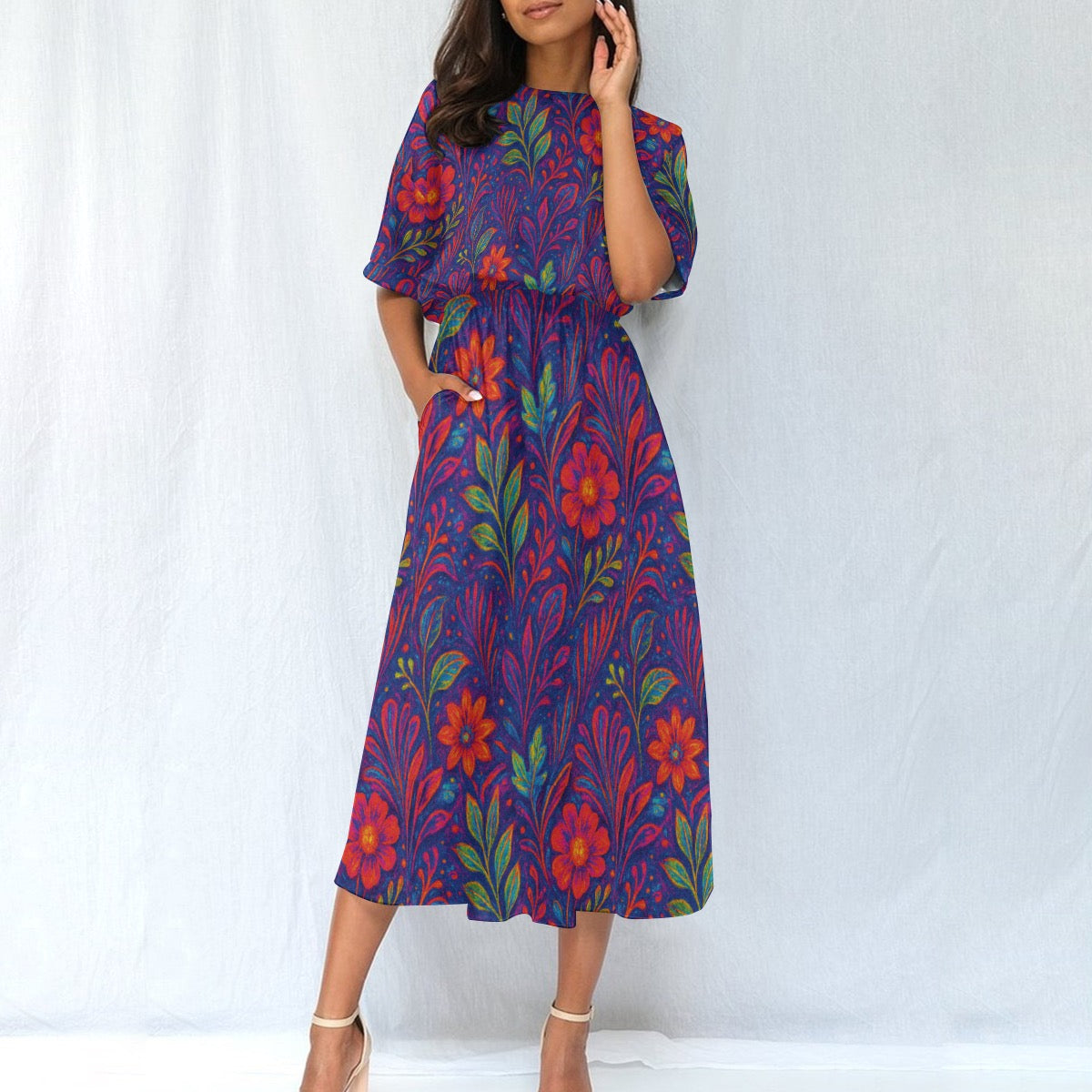 “Floral Vibrations” Women's Elastic Waist Dress