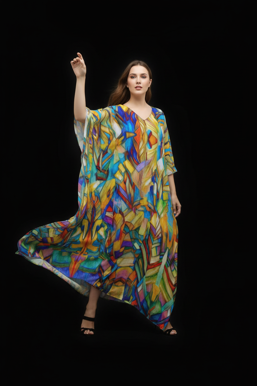 “Kaleidoscope” Women's Imitation Silk V-neck Kaftan Robe