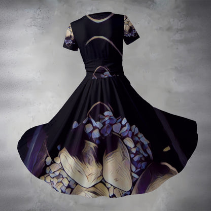 ‘Rocks and Stones” Women's Short Sleeve V Neck Midi Dress