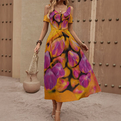 “Agapanthus” Women's V-neck Off-shoulder Dress