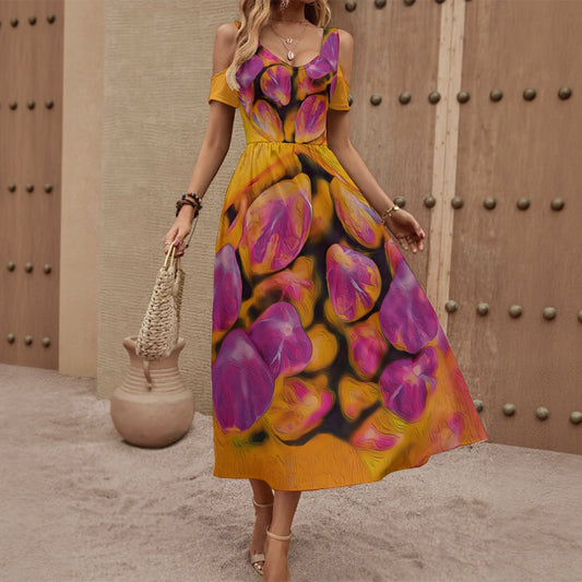 “Agapanthus” Women's V-neck Off-shoulder Dress