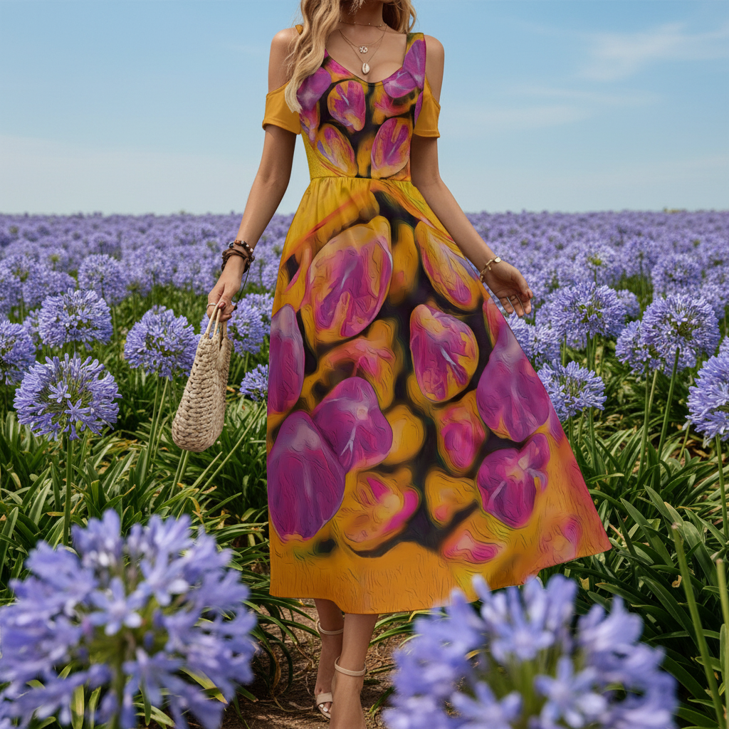 “Agapanthus” Women's V-neck Off-shoulder Dress