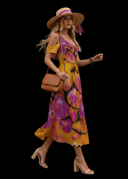 “Agapanthus” Women's V-neck Off-shoulder Dress