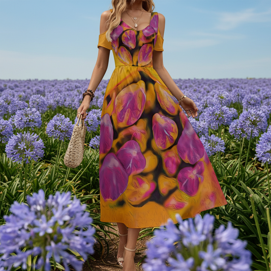 “Agapanthus” Women's V-neck Off-shoulder Dress