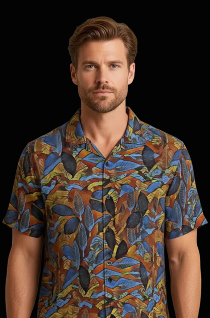 “Sapphire Rust“ Men's Hawaiian Shirt With Button Closure |115GSM Cotton poplin