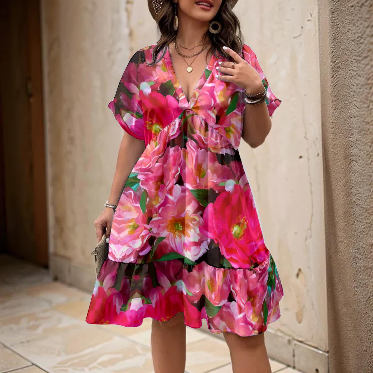 “Summer Blush” Women’s Floral V-Neck Short Sleeve Dress
