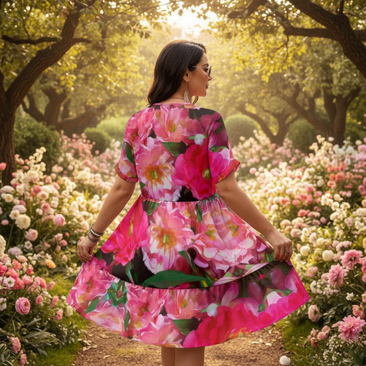 “Summer Blush” Women’s Floral V-Neck Short Sleeve Dress