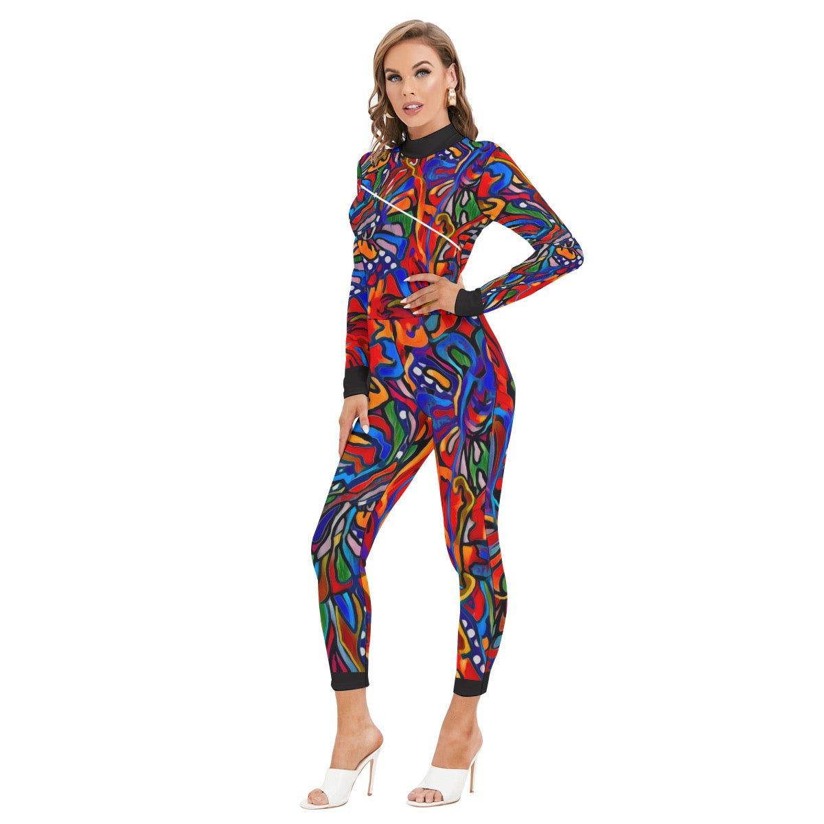 “Crimson Bloom” Women's Long-sleeved High-neck Jumpsuit With Zipper