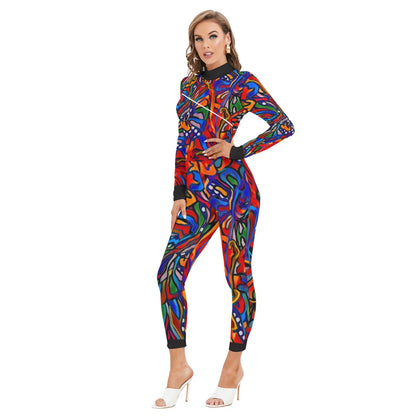 “Crimson Bloom” Women's Long-sleeved High-neck Jumpsuit With Zipper