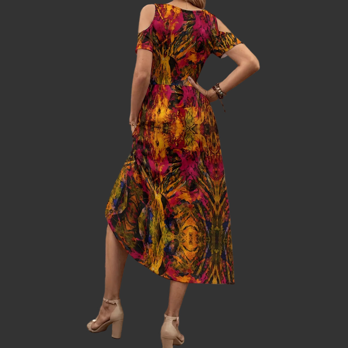 “Golden Flux” Women's V-neck Off-shoulder Dress