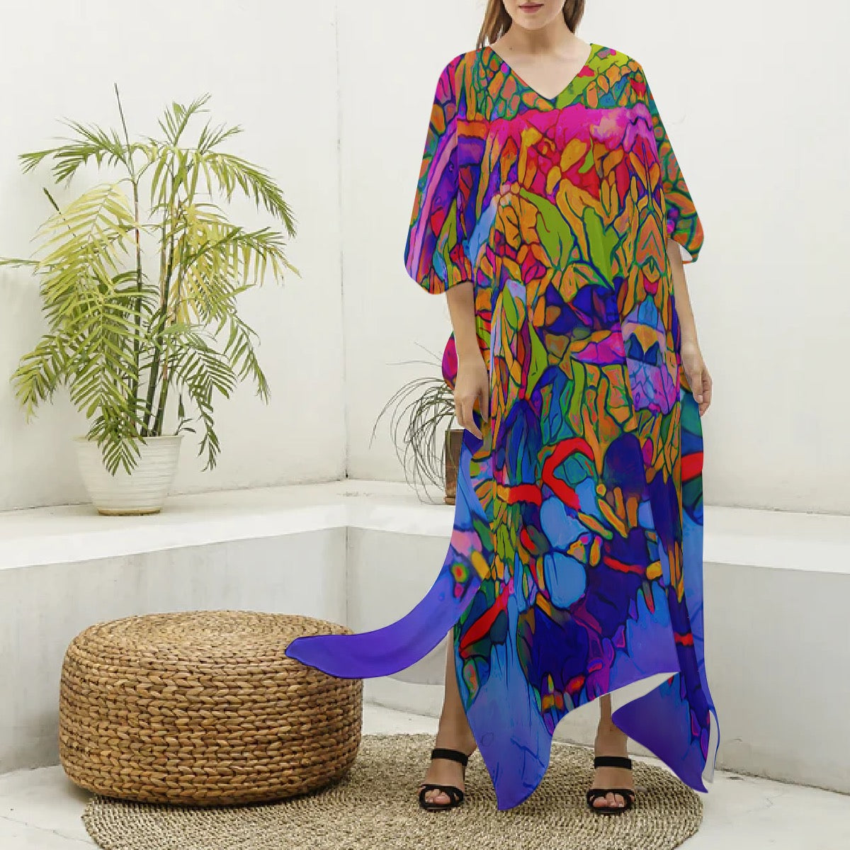 “Cerulean Spectrum” Women's Imitation Silk V-neck Kaftan Robe