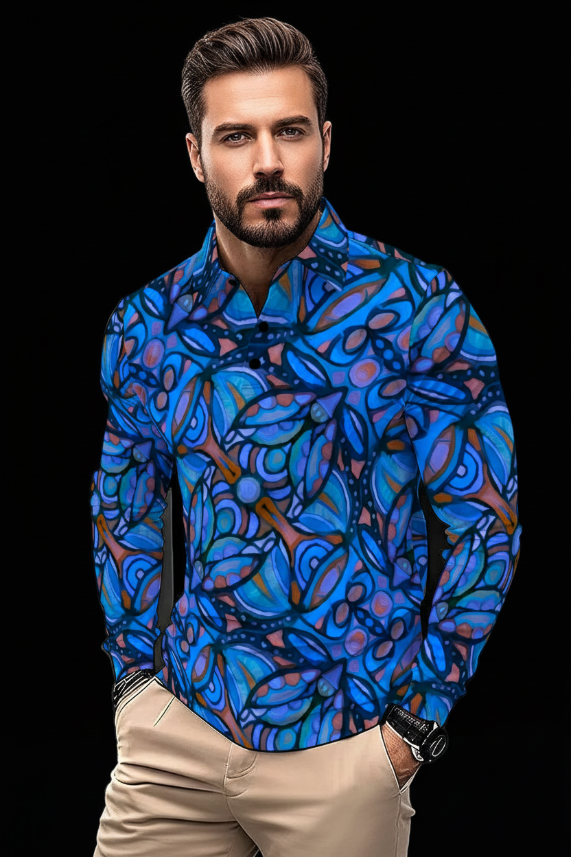 “Cobalt Labyrinth” Men's Polo Shirt With Long Sleeve