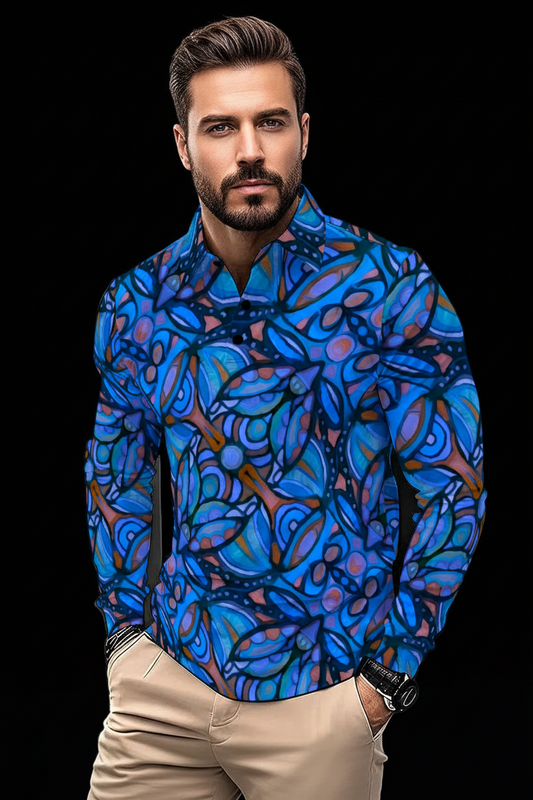 “Cobalt Labyrinth” Men's Polo Shirt With Long Sleeve