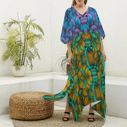 “Cascade” Print Women's Imitation Silk V-neck Kaftan Robe