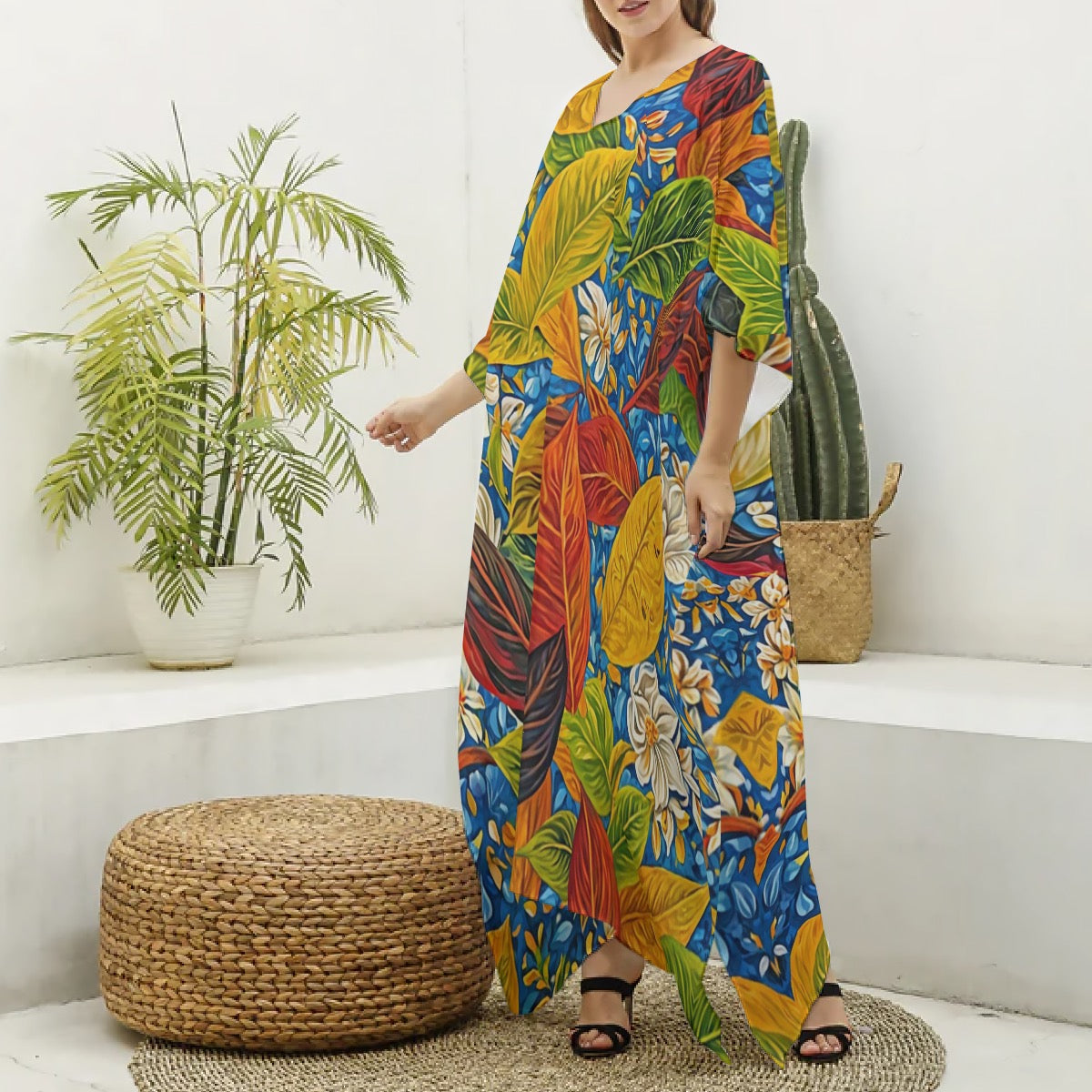 “Botanical Rhapsody” Women's Imitation Silk V-neck Kaftan Robe