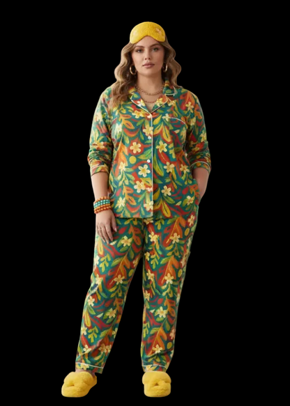 “Sunny Daydream” Women's Long Sleeve Pajama Set With White Contrast Piping