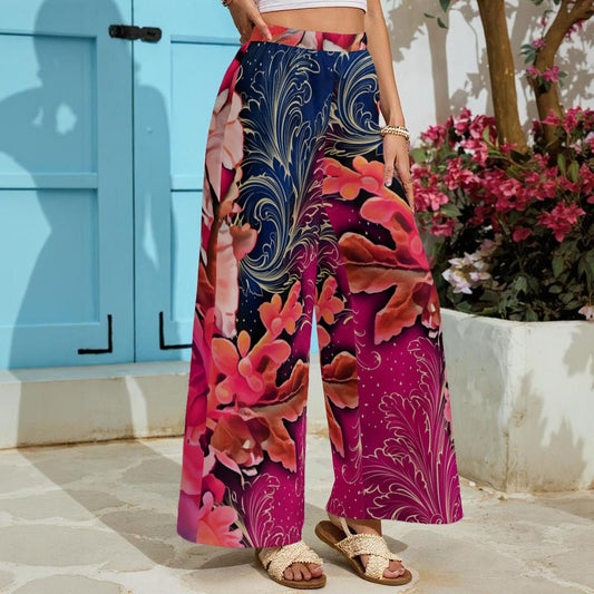 “Celestial Bloom” Women's Lightweight Wide-Leg Pants With Pockets