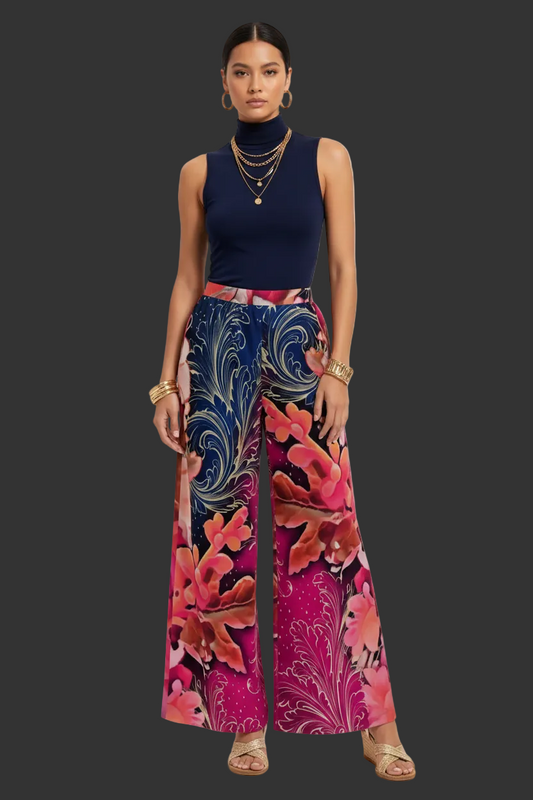 “Celestial Bloom” Women's Lightweight Wide-Leg Pants With Pockets