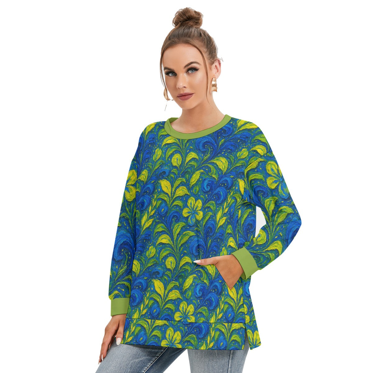 “ Cobalt Meadow” Women's Side Split O-neck Sweatshirt