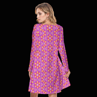“Fuchsia Fiesta” Women's Round Neck Dress|190GSM Cotton